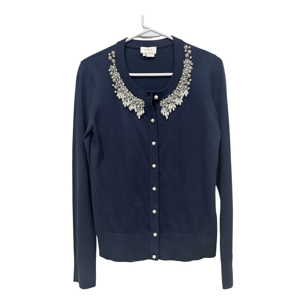 Kate Spade Navy Blue Cotton Cashmere Pearl Embellished Cardigan Sweater Small